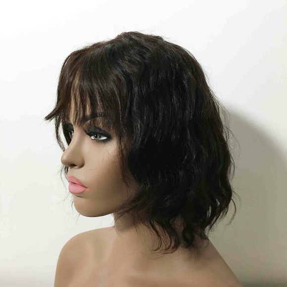 8 inch Lace Front Real Human Hair Wig Wavy with Fringe Bangs - Black - Picture 5 of 10